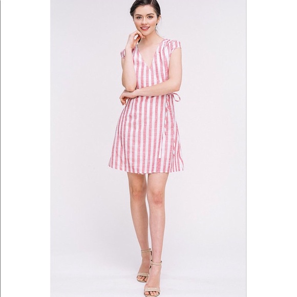 Red Striped  Puff Cap Sleeve Wrap Dress - Picture 3 of 5